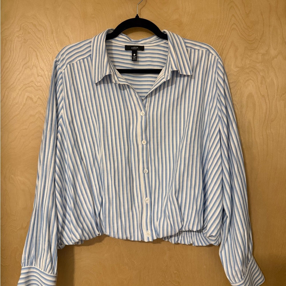 Aqua Striped Cropped Button-Down Bubble Shirt - image 4